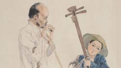 Fan Tchunpi, “Blind Beggar with Child,” 1936, watercolor and sumi ink over pencil on thin off-white Chinese paper